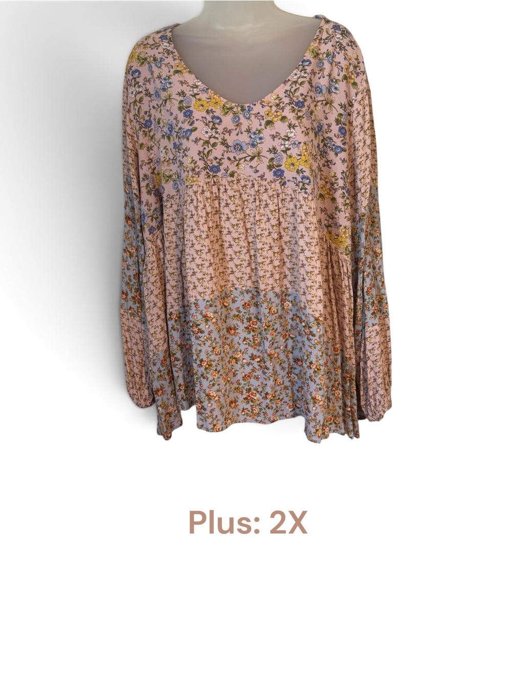 Pink Multi Floral Babydoll Peasant Top - Plus: 2X #T